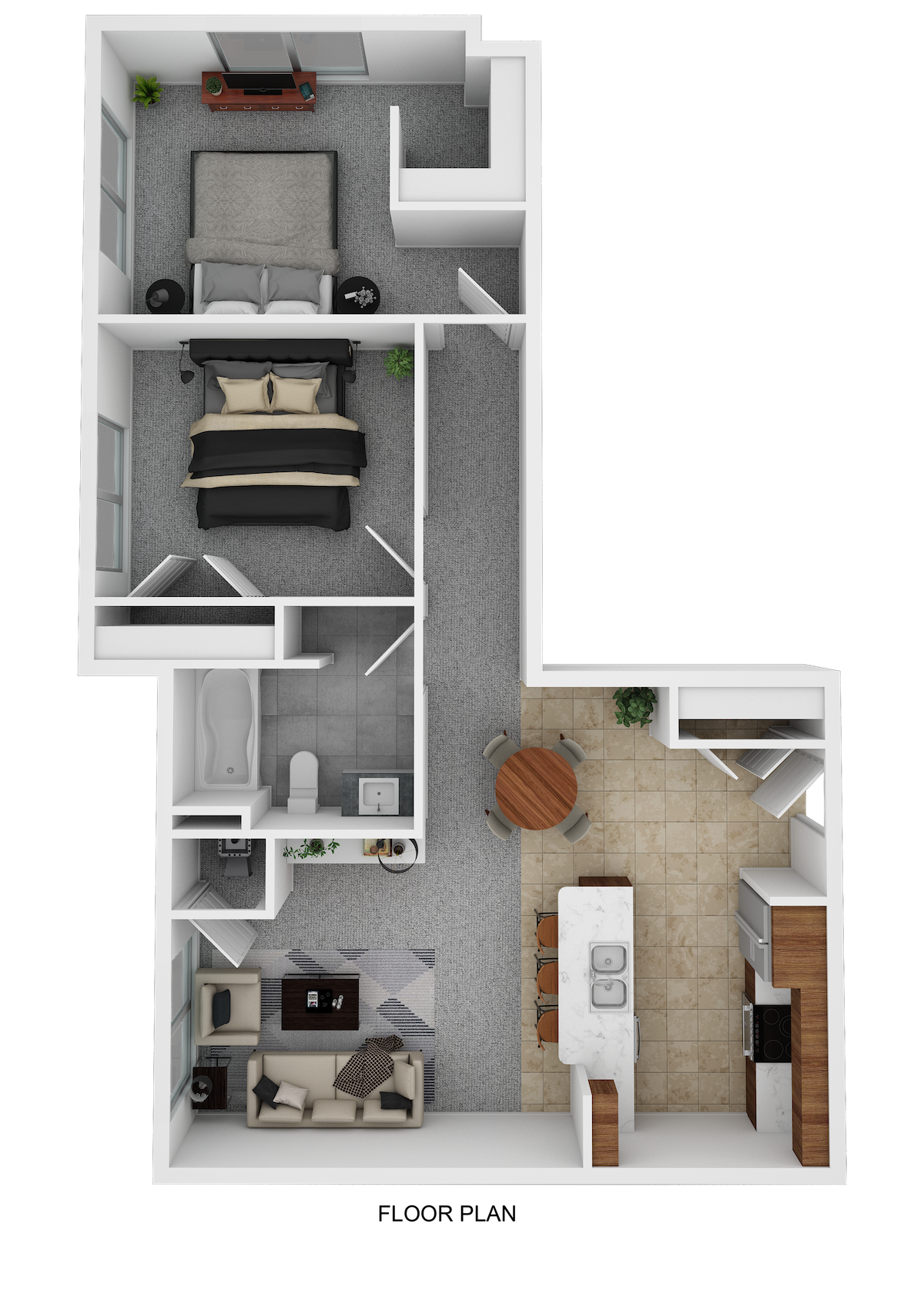 Floor plan for 2 beds, 1 bath, 889 sqft
